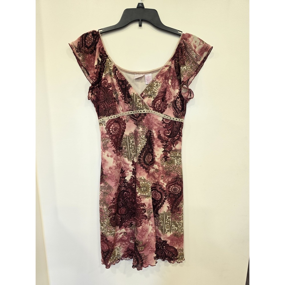 Y2K Babydoll Paisley Mesh Mini Dress LG Romantic Whimsigoth Fairycore Boho